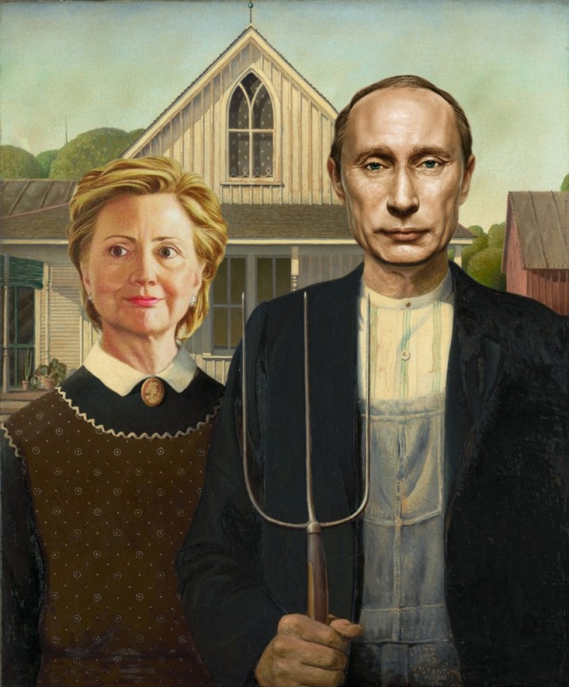 Putin with a pitchfork glued the villager Hillary