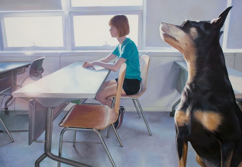 Realistic drawings of a giant dog and a cute Korean girl