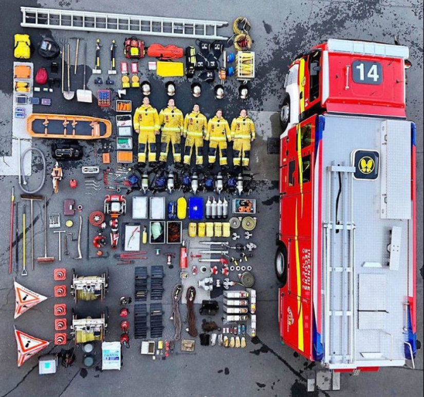 Rescue vehicles, medics, firefighters and their contents