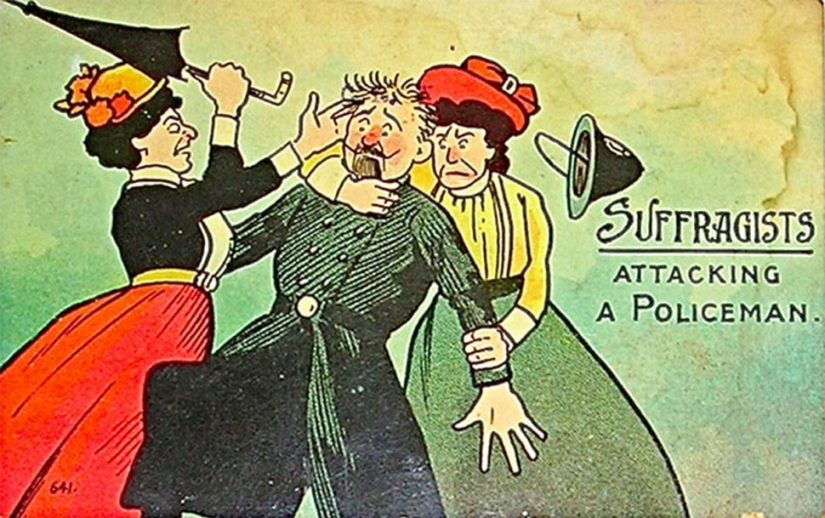 Retro-postcards showing society's fear of women's empowerment