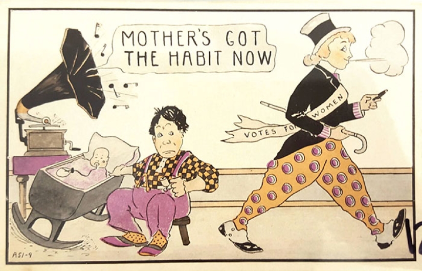 Retro-postcards showing society's fear of women's empowerment