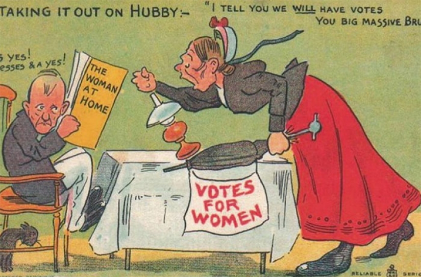 Retro-postcards showing society's fear of women's empowerment