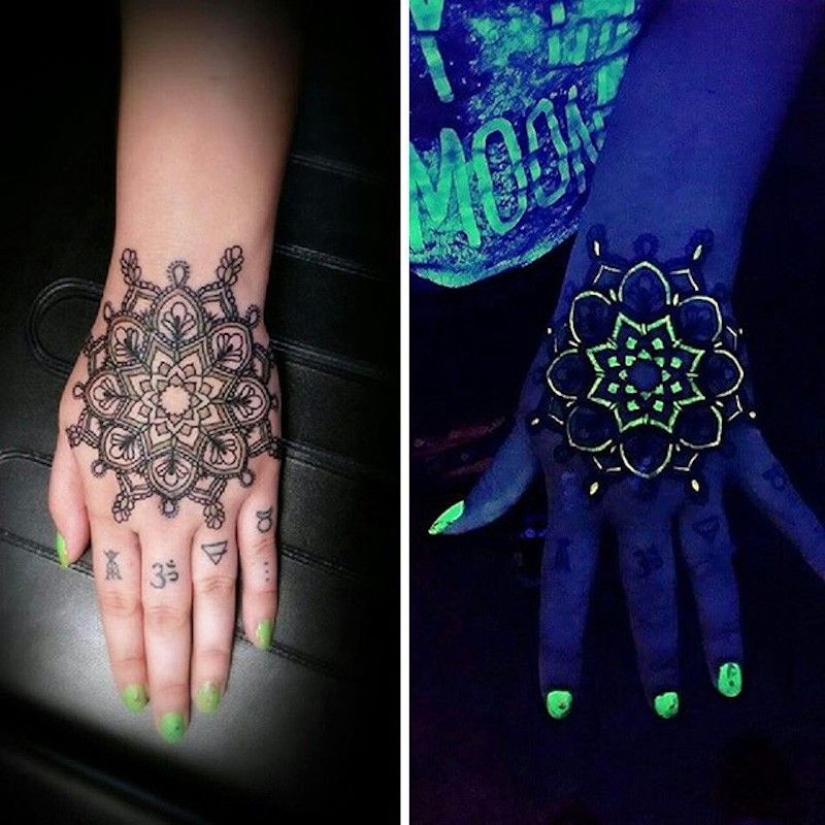Secret tattoos: patterns and drawings visible only under UV light