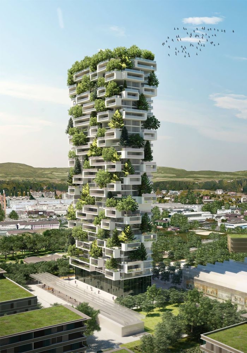 The 117-meter tower will be the first building in the world to be covered with evergreen trees.