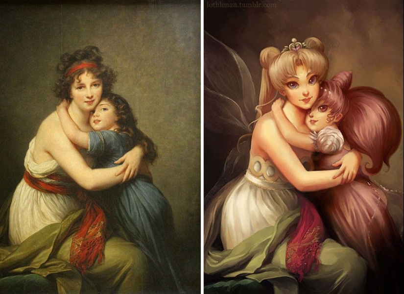 The artist adds anime characters to the classic canvases