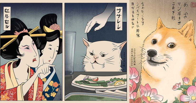 The artist recreates his favorite memes in the style of Japanese prints