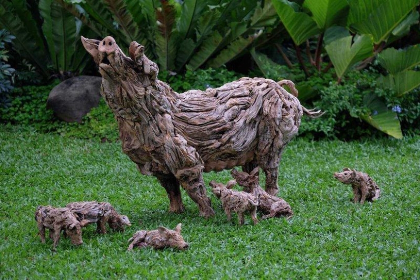 The artist turned driftwood into beautiful sculptures of moving animals