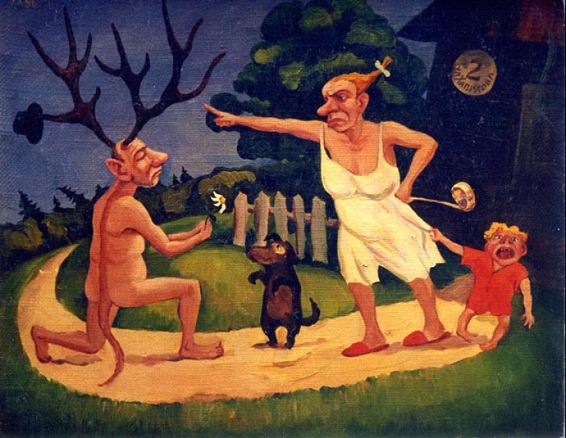 "The attack of African animals on a good peasant" and other psychedelic paintings by Nikolai Hapilov