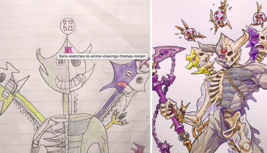 The children draw, and Dad passes. The artist creates anime characters from drawings of sons