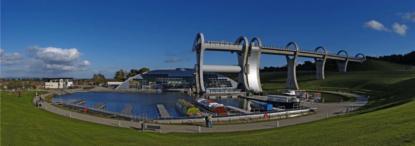 The Falkirk Wheel is a unique rotating structure that lifts entire ships