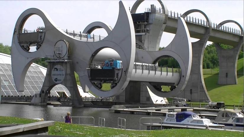 The Falkirk Wheel is a unique rotating structure that lifts entire ships