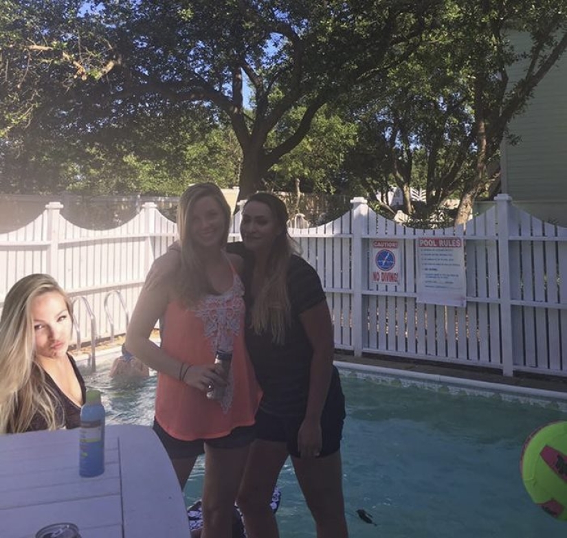 The girl couldn't go to the beach with her friends, so she put herself in their photo