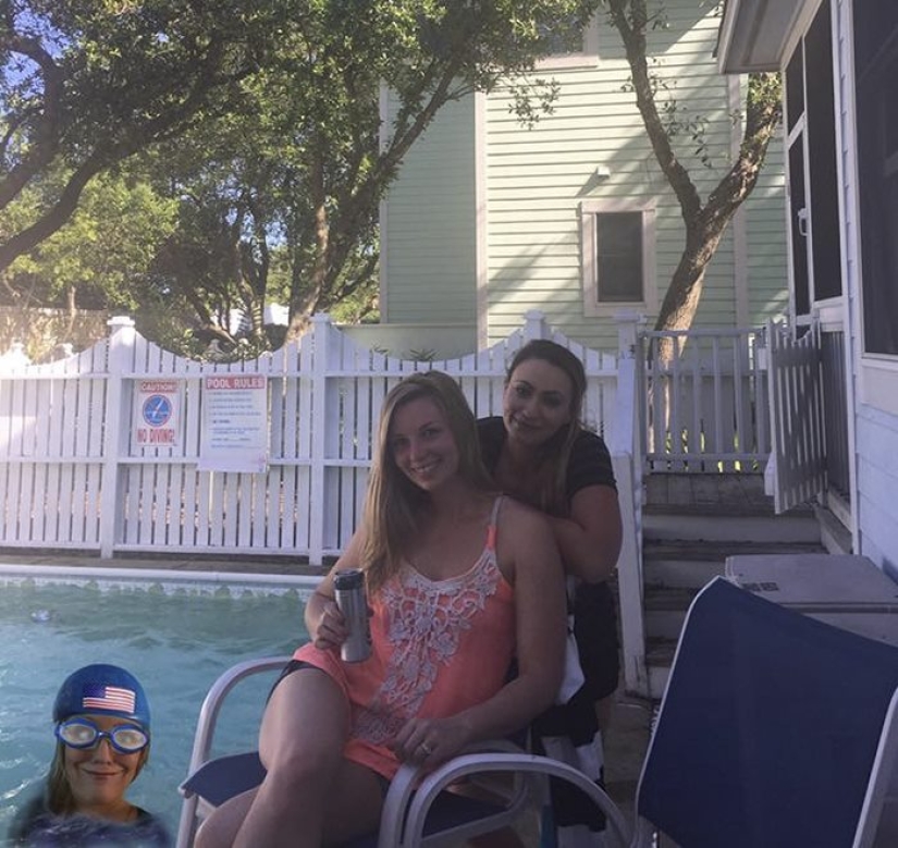 The girl couldn't go to the beach with her friends, so she put herself in their photo