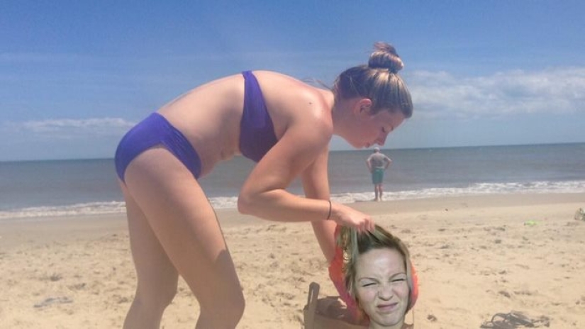 The girl couldn't go to the beach with her friends, so she put herself in their photo