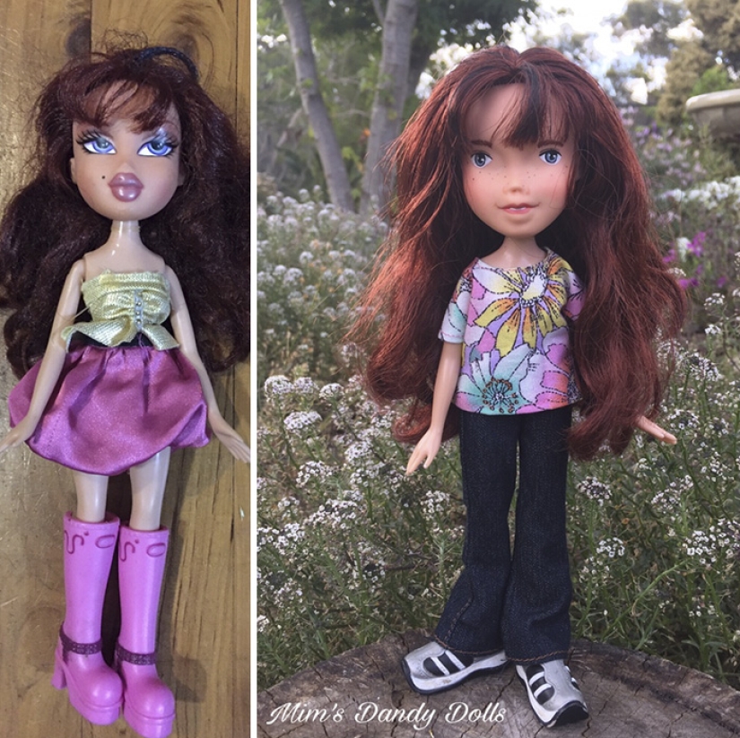 The girl draws realistic faces to old dolls and comes up with characters for them