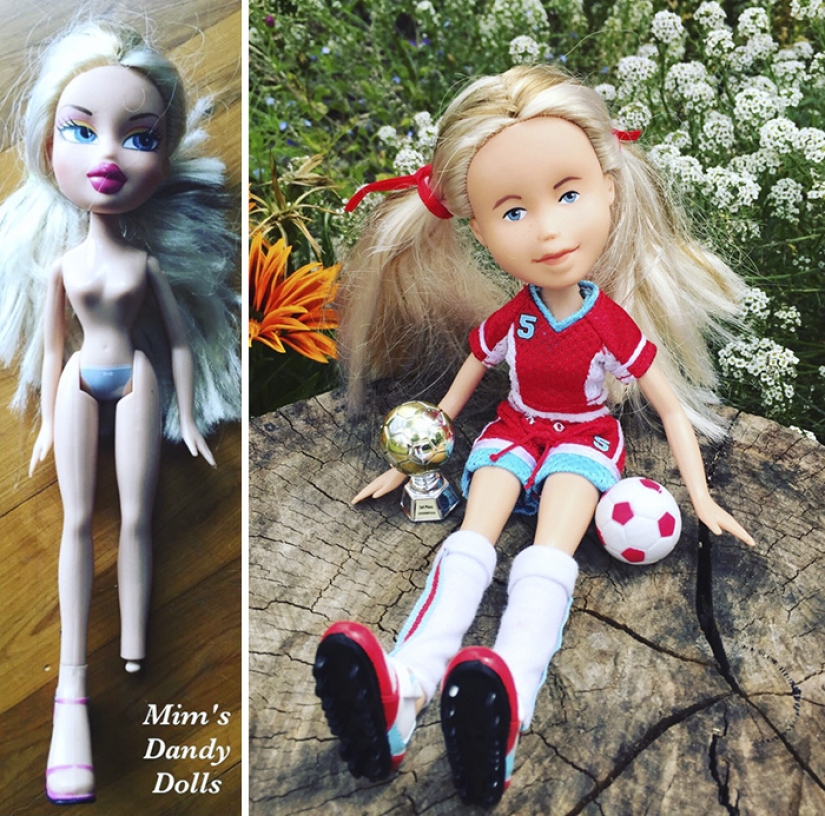 The girl draws realistic faces to old dolls and comes up with characters for them