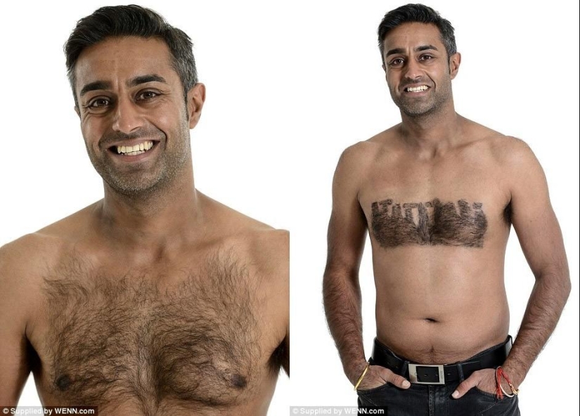 The stylist shaves the world&#39;s landmarks from the hair on the male chest
