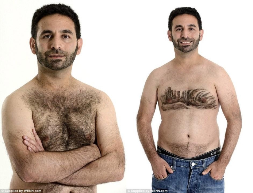 The stylist shaves the world&#39;s landmarks from the hair on the male chest