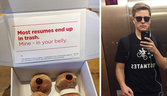 Trying to find a job, the guy pretended to be a courier and put a resume in a box with donuts Trying to find a job, the guy pretended to be a courier and put a resume in a box with donuts