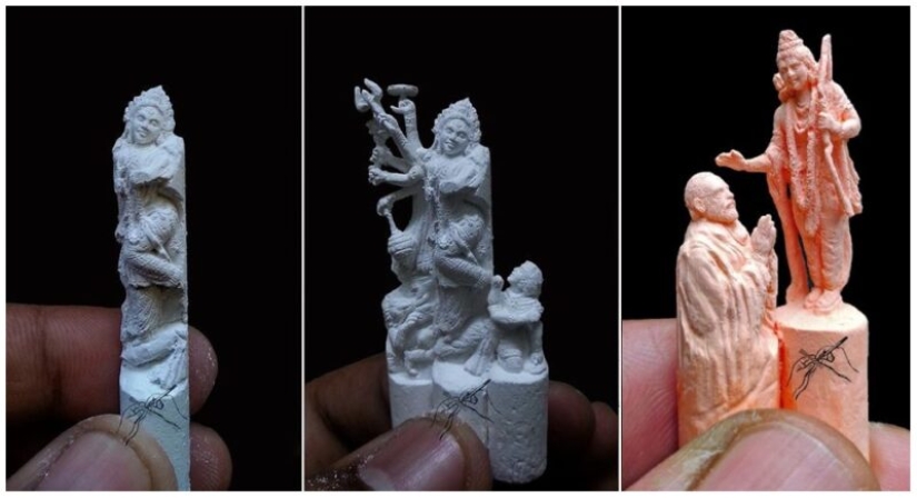 Un chico de la India talla increíbles esculturas diminutas de pequeños lápices de colores