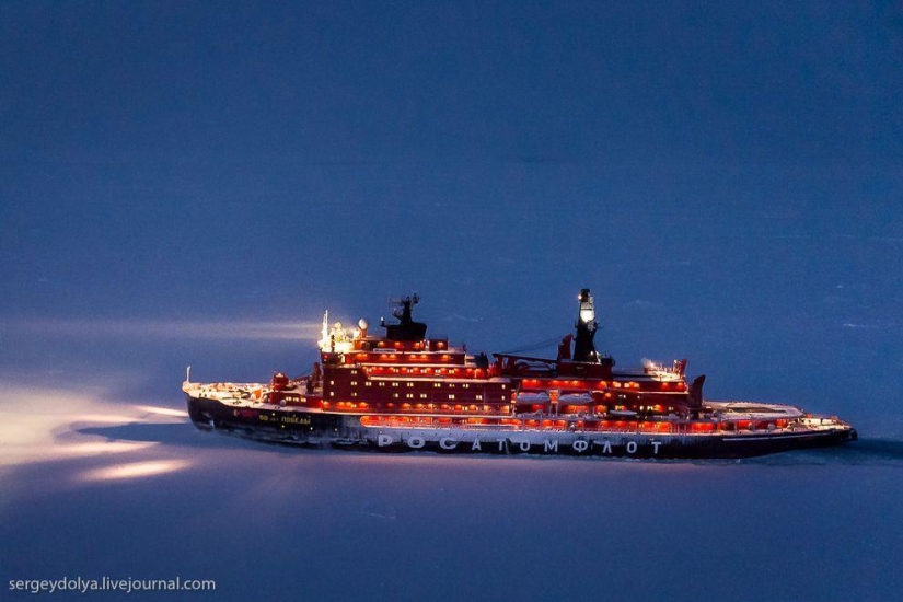 Unique photos of the icebreaker from the air at the Pole during the polar night