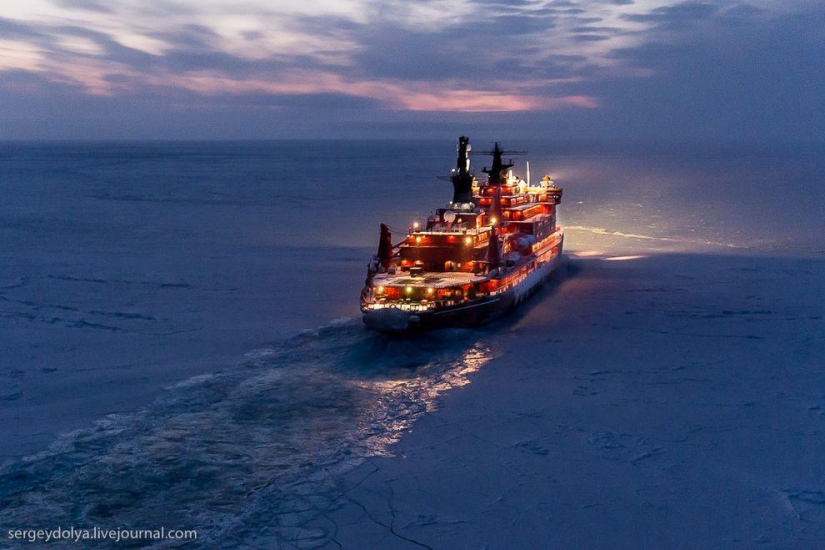 Unique photos of the icebreaker from the air at the Pole during the polar night