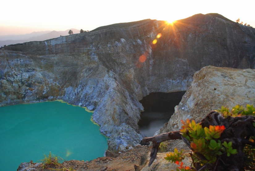 Unique tricolor lakes in the crater of the Kelimutu volcano