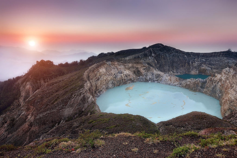 Unique tricolor lakes in the crater of the Kelimutu volcano