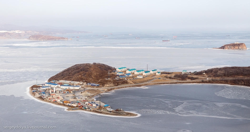 Vladivostok, Russian island and the coast from a helicopter