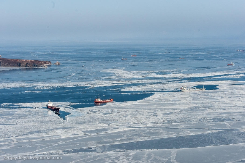 Vladivostok, Russian island and the coast from a helicopter