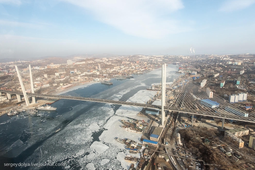 Vladivostok, Russian island and the coast from a helicopter