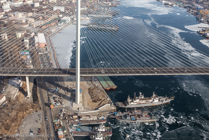 Vladivostok, Russian island and the coast from a helicopter