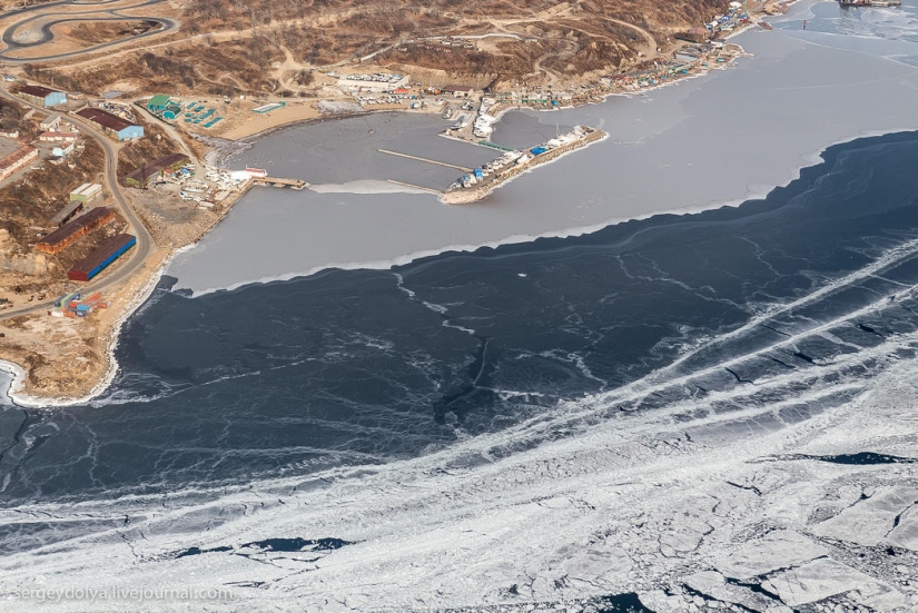 Vladivostok, Russian island and the coast from a helicopter