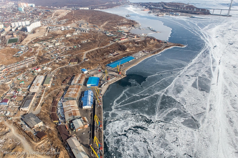 Vladivostok, Russian island and the coast from a helicopter