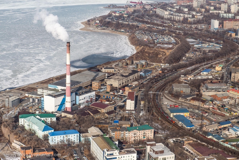 Vladivostok, Russian island and the coast from a helicopter