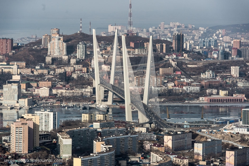 Vladivostok, Russian island and the coast from a helicopter