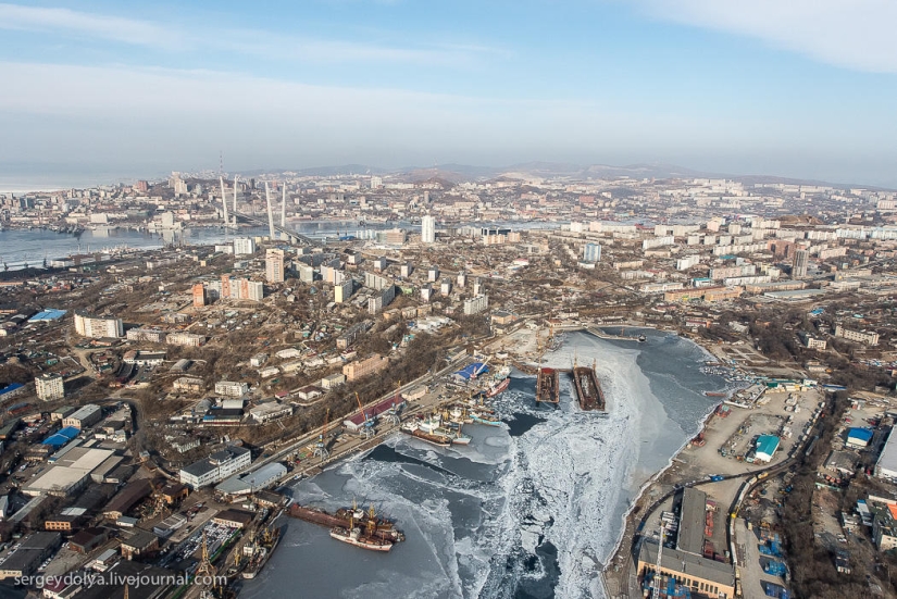 Vladivostok, Russian island and the coast from a helicopter