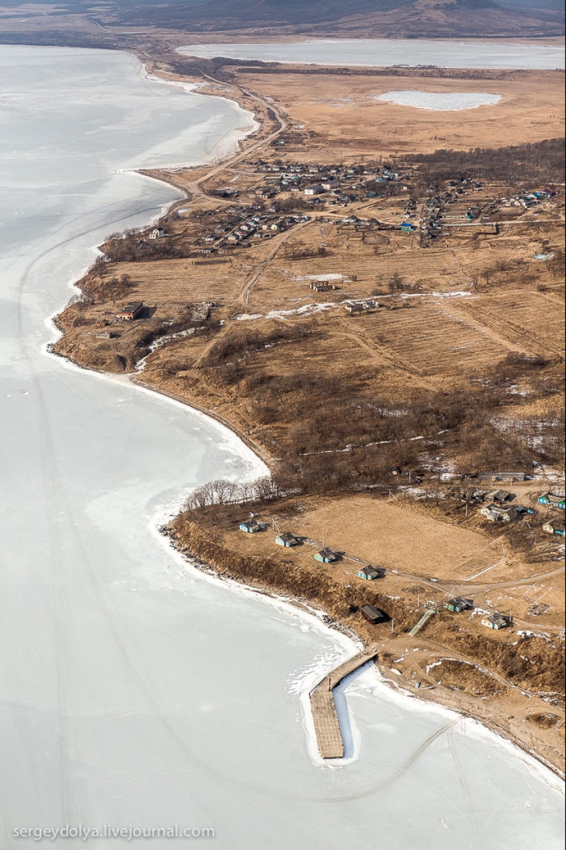 Vladivostok, Russian island and the coast from a helicopter