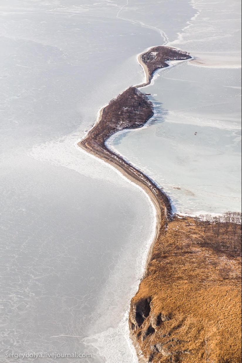 Vladivostok, Russian island and the coast from a helicopter