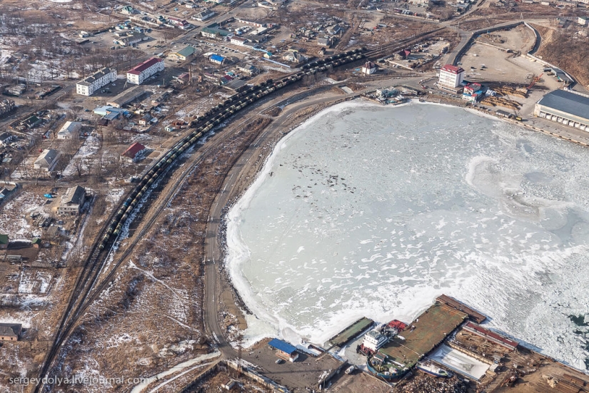 Vladivostok, Russian island and the coast from a helicopter