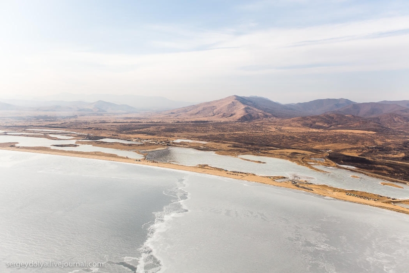 Vladivostok, Russian island and the coast from a helicopter