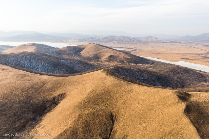 Vladivostok, Russian island and the coast from a helicopter