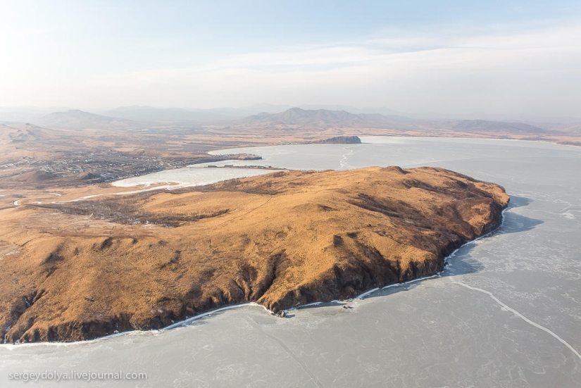 Vladivostok, Russian island and the coast from a helicopter