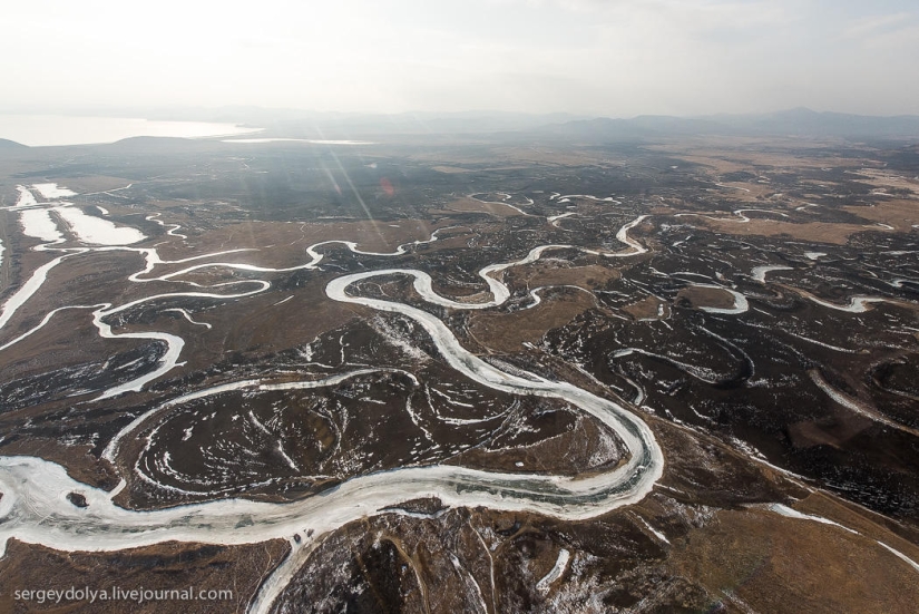 Vladivostok, Russian island and the coast from a helicopter