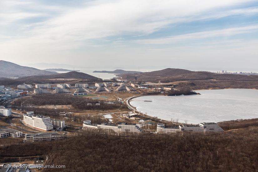 Vladivostok, Russian island and the coast from a helicopter
