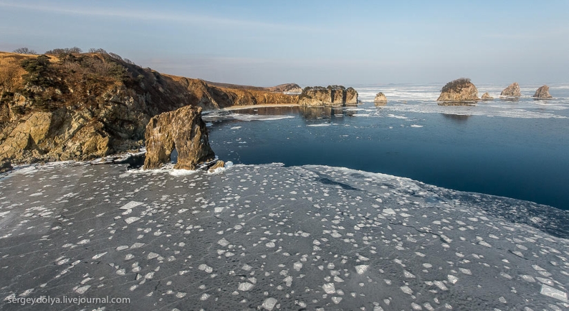 Vladivostok, Russian island and the coast from a helicopter