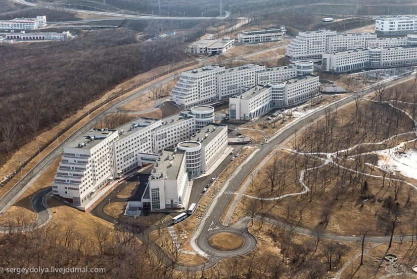 Vladivostok, Russian island and the coast from a helicopter