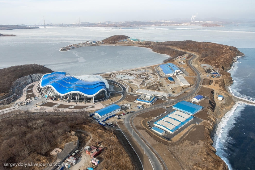 Vladivostok, Russian island and the coast from a helicopter