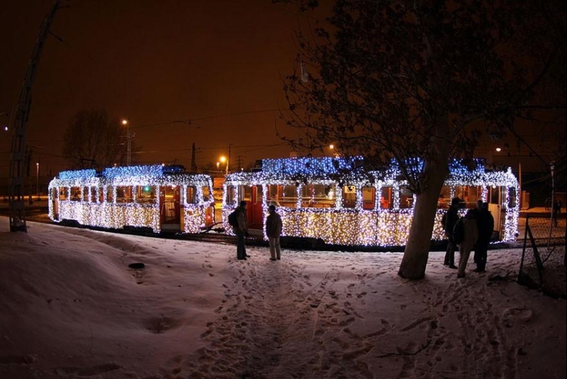 Wonderful luminous trams in Budapest at night