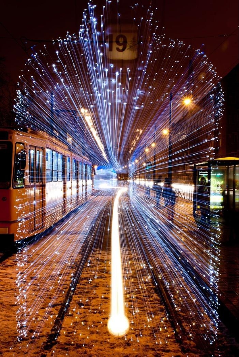 Wonderful luminous trams in Budapest at night